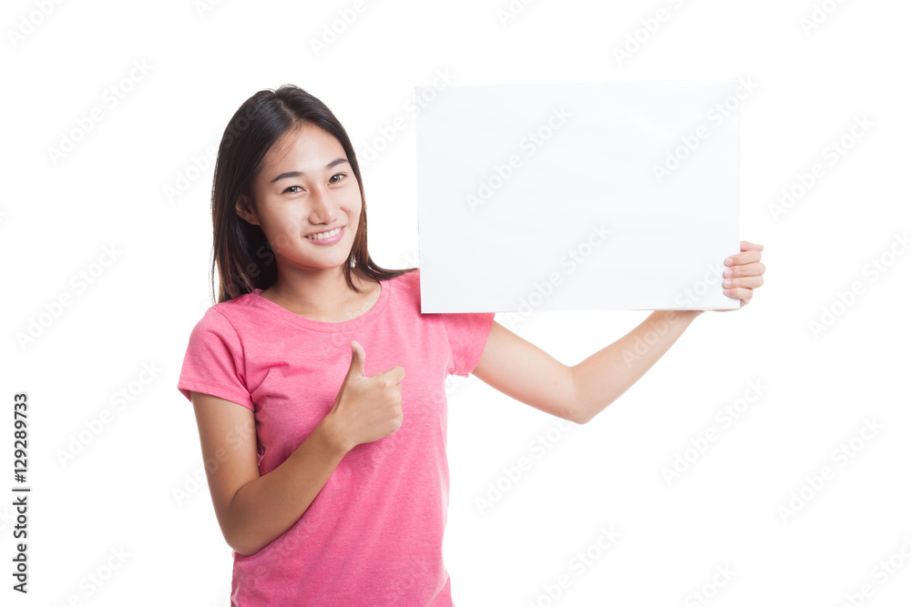Young Asian woman show thumbs up with white blank sign Young Asian woman show thumbs up with white blank sign