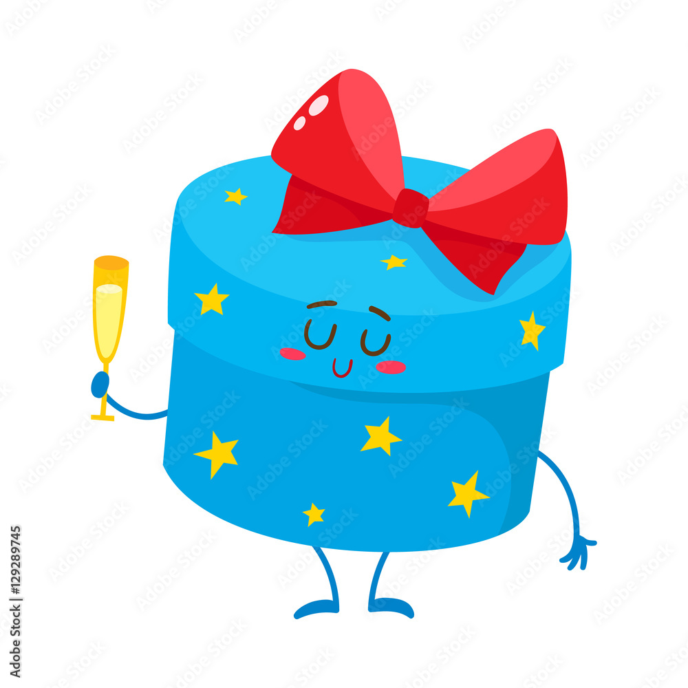 Colorful gift box with red bow character holding champagne glass, cartoon  vector illustration isolated on white background. Xmas, birthday, present,  gift, surprise smiling character with smiling face Stock Vector | Adobe  Stock