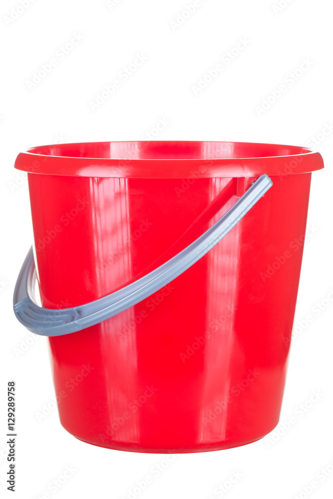 Empty red bucket isolated on a white background closeup Empty red bucket isolated on a white background closeup
