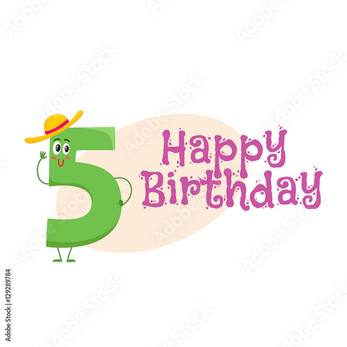 Happy birthday vector greeting card, poster, banner design with cute and funny five number characters. five smiling characters, happy birthday greeting card template