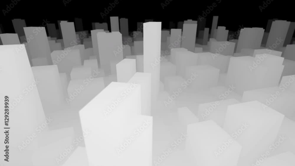 Seamless looping animation of a black and white 3D city map fly by