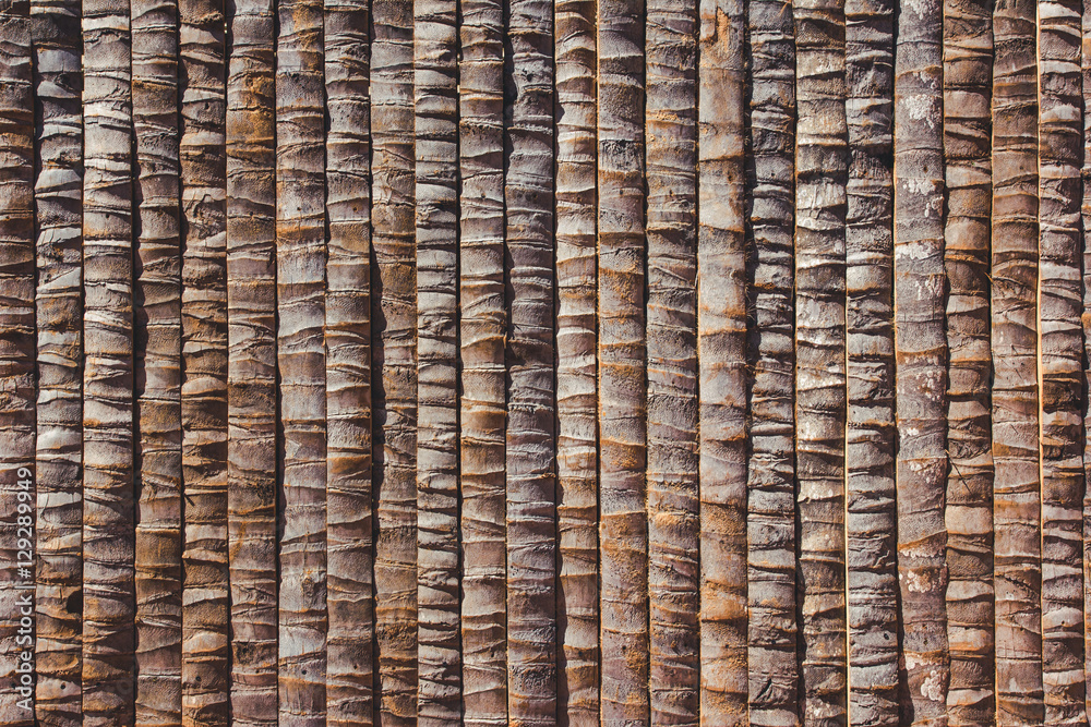 Decorative wooden wall made of tree bark stripes. Decorative wooden wall made of tree bark stripes.