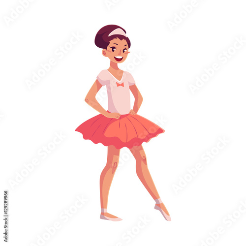 Full length portrait of little ballerina in pink tutu, hands on waist, cartoon style vector illustration isolated on white background. Little ballet dancer in pink tutu pointed toe, hands on waist