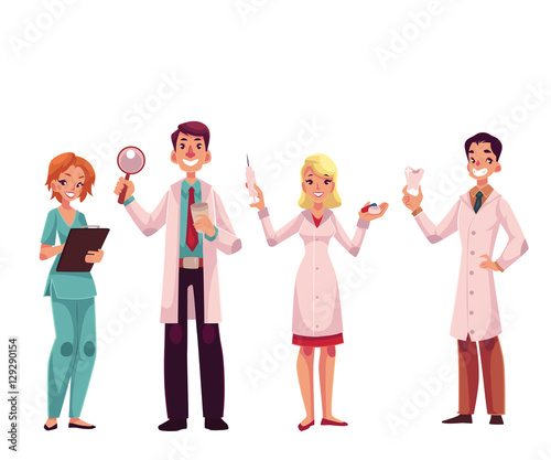 Doctors - nurse, surgeon, general practitioner and dentist, cartoon vector illustration isolated on white background. Male and female medical workers, doctors, health care professionals