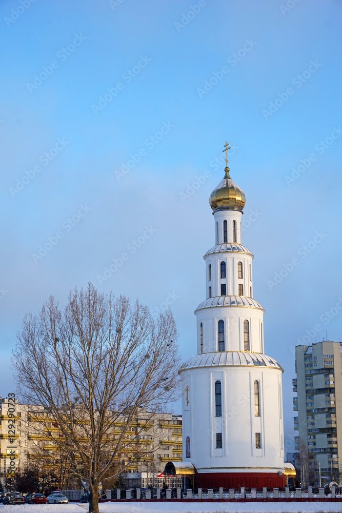 Orthodox church in winter snow-covered Brest. Landmark Belarus