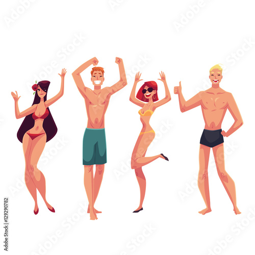 Young people dancing on the beach in swimming suits and shorts, cartoon style vector illustrations isolated on white background. Young men and women, boys and girls dancing at a beach party