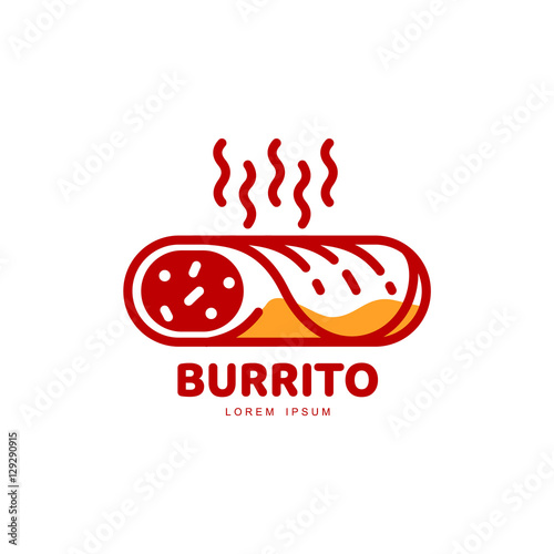 Stylized hot, freshly made Mexican burrito logo template, vector illustration isolated on white background. Creative two-colored hot and spicy, horizontally placed Mexican burrito logotype template
