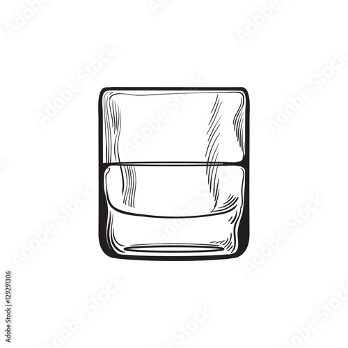 Scotch whiskey, rum, brandy shot glass, sketch style vector illustration isolated on white background. black and white hand drawing of a glass of whiskey shot
