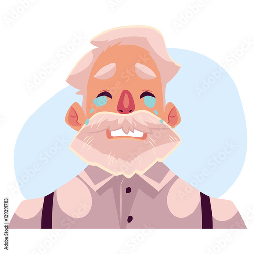 Grey haired old man face, crying facial expression, cartoon vector illustrations isolated on blue background. Old man, grandfather emoji emoji crying, shedding tears, sad, heart broken, in grief.