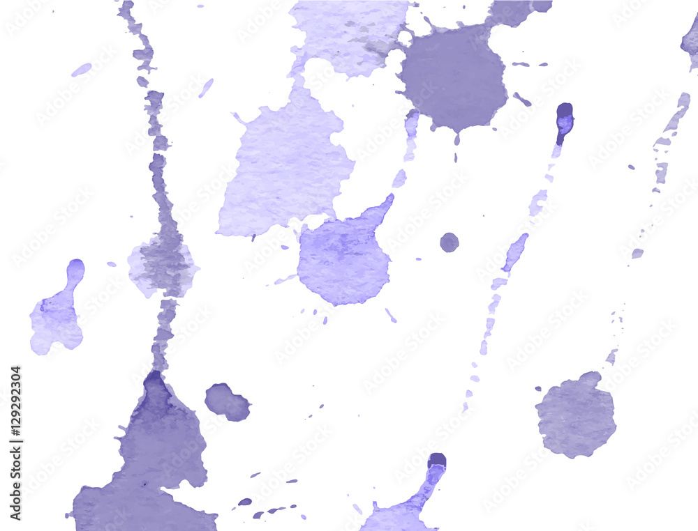 Purple watercolor splashes and blots on white background. Ink painting. Hand drawn illustration. Abstract watercolour artwork. 