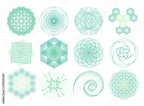 Sacred geometry symbols and elements set. 12 in 1.  Cosmic, universe, big bang, alchemy, religion, philosophy, astrology, science, physics, chemistry and spirituality themes. Matter, space, time.