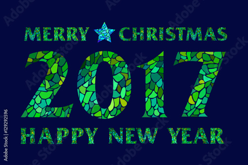 Magic mosaic green inscription 2017 Merry Christmas and Happy new year with star on dark field - creative typography for Holiday Greeting Poster.