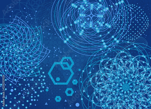 The science and mathematics abstract background with circles, cube, triangles and a lot of lines. Sacred geometry backdrop. The chemistry and astrology. Graphic elements for identity design.