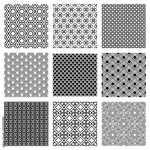 Geometric white and black patterns set. Vector illustration