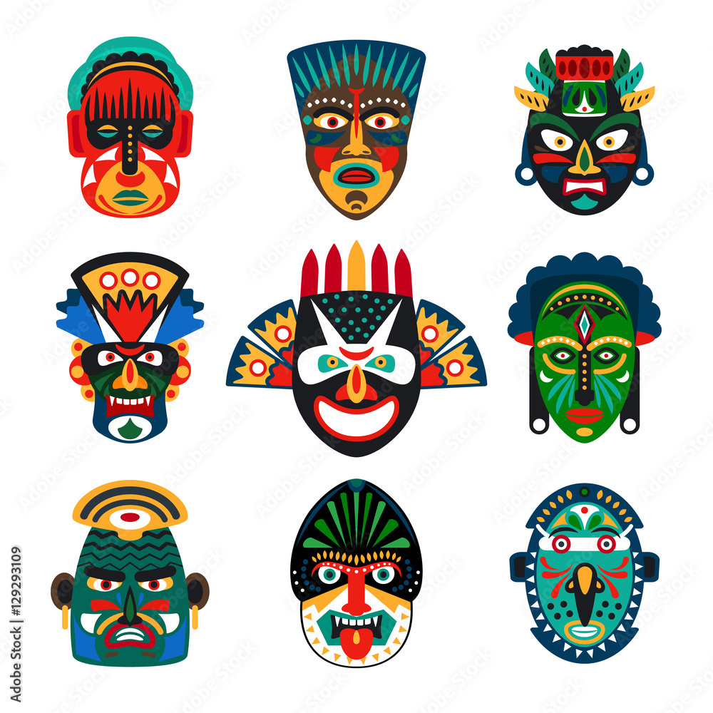 Tribal indian or african colorful masks set on white background. Vector illustration