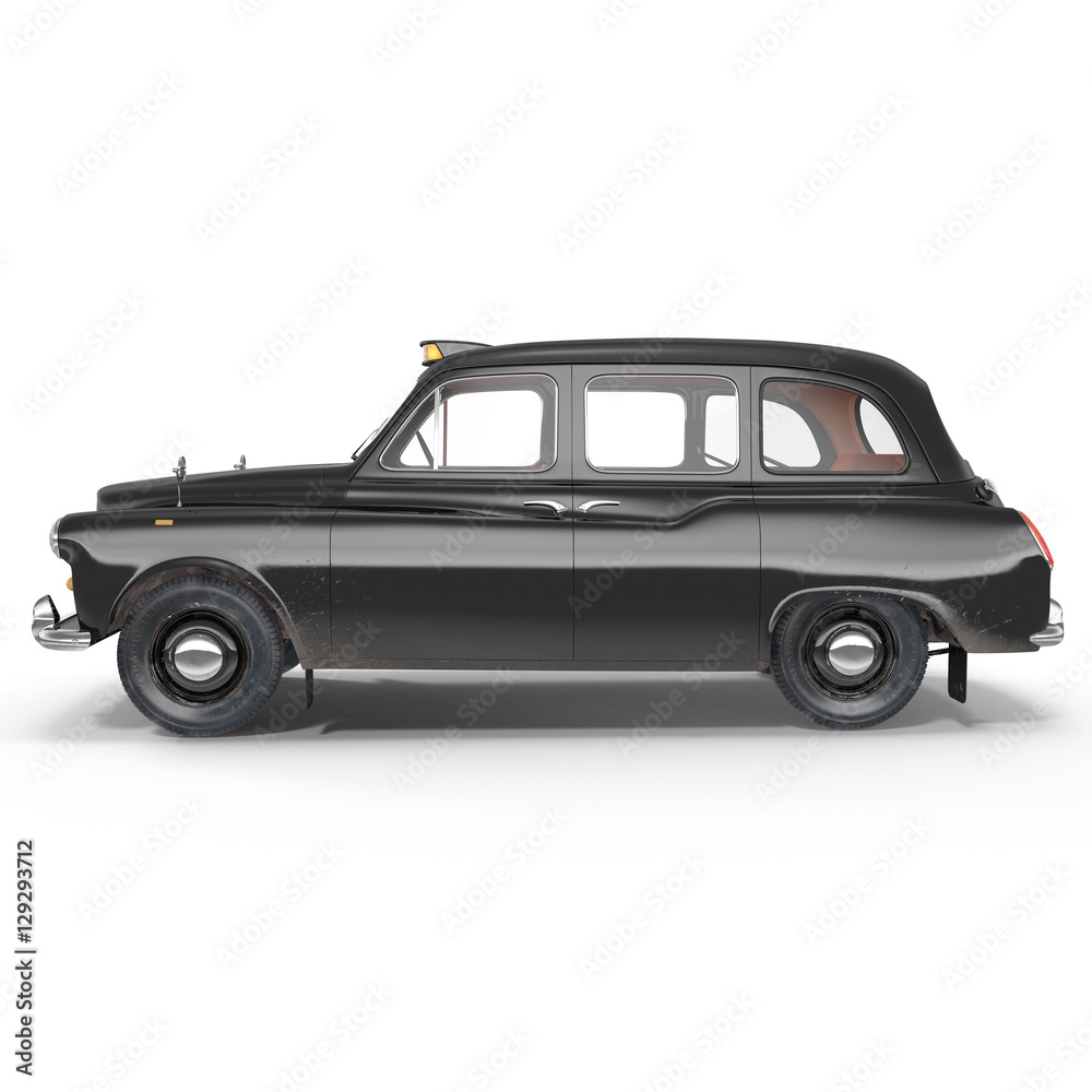Side view Classic black British taxi on white. 3D illustration