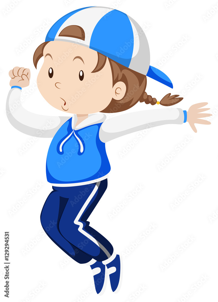 Little girl in blue jumpsuit exercise