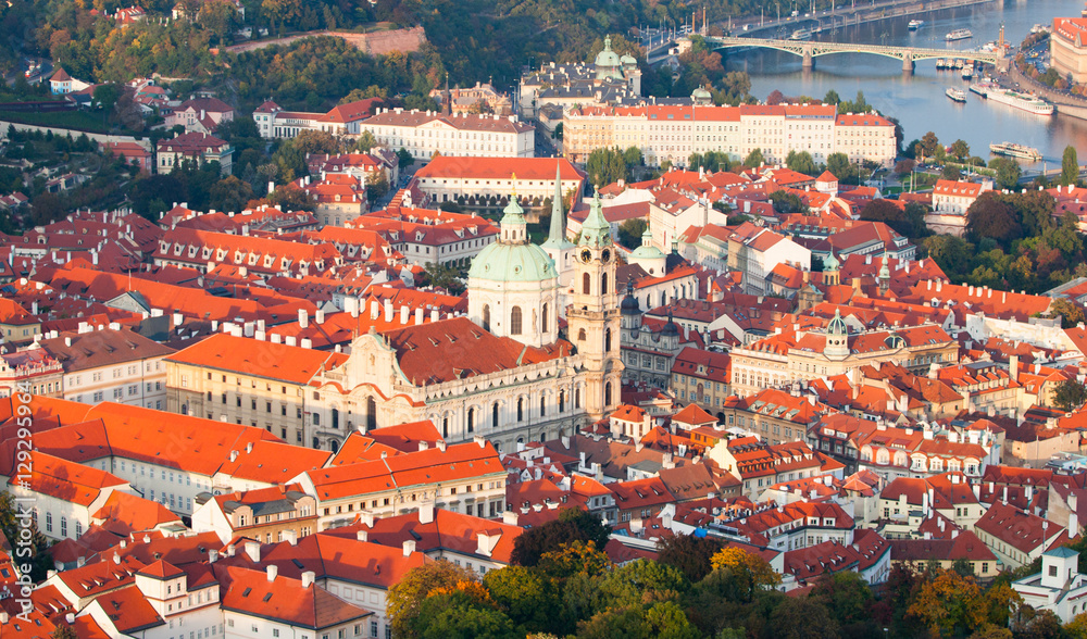 Aerial view of the Lesser Town, aka Mala Strana, with St Nicholas Church in Prague, capital city of Czech Republic, Europe. UNESCO World Heritage Site