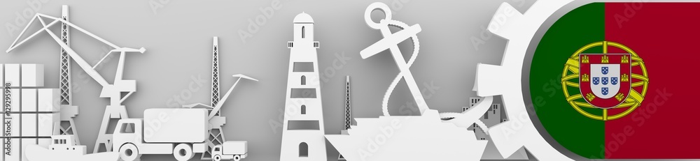 Header banner. Cargo port relative icons set. Portugal flag in gear. 3D rendering. Sea transport. Header banner. Cargo port relative icons set. Portugal flag in gear. 3D rendering. Sea transport.