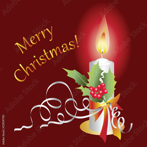 White candle and a sprig of Holly with ribbons. Vector image. Design for banner, poster, greeting cards, flyers. photo