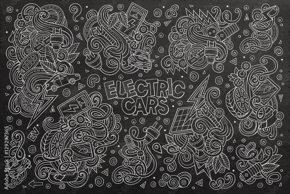 Chalkboard vector doodle cartoon set of Electric cars objects