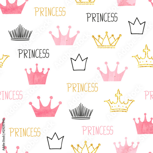 Little princess seamless pattern in pink and golden colors. Vector background with watercolor and glittering crowns