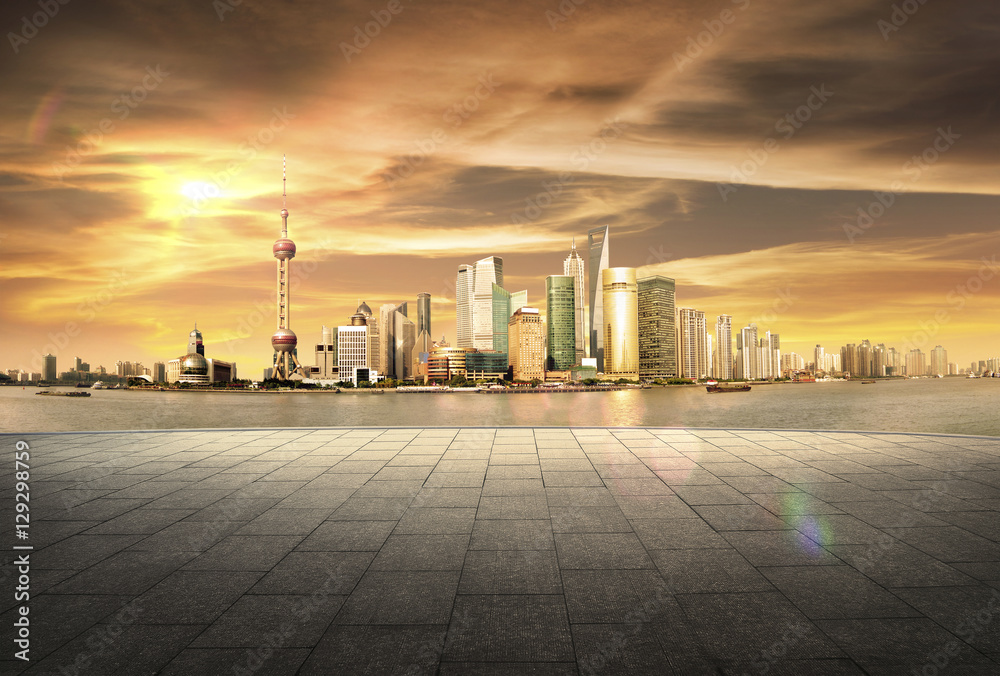 Fototapeta Panoramic view of shanghai China skyline with huangpu river at d