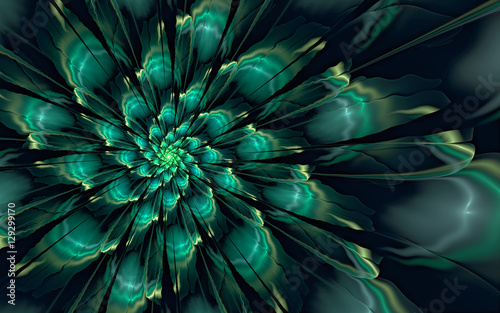 Abstract fractal, glossy green-cyan flower on dark background