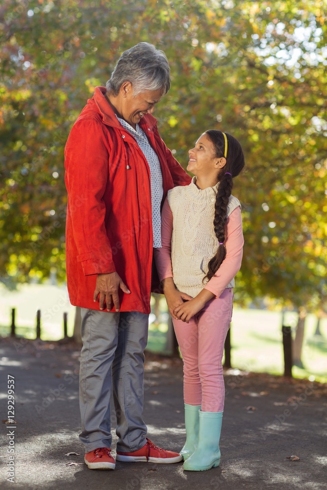 Granddaughter and grandmother looking at each other at park Granddaughter and grandmother looking at each other at park