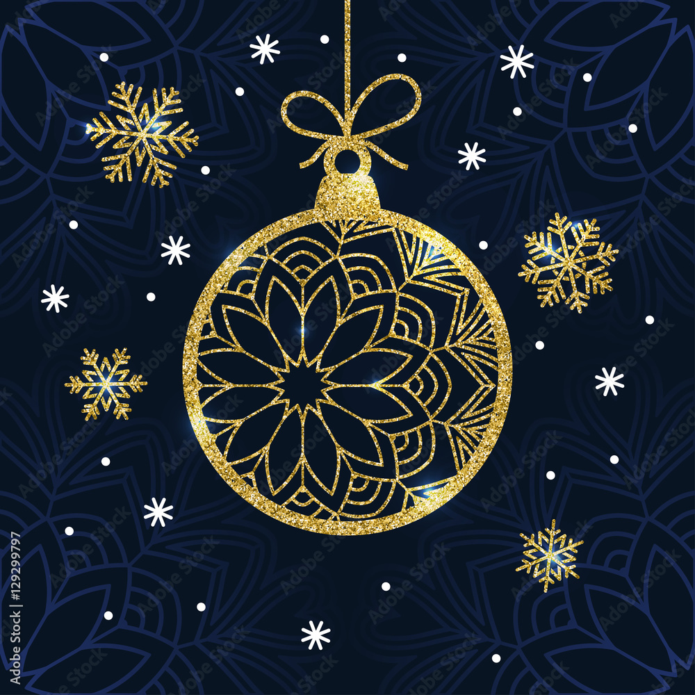 Christmas card with golden glitter bauble and snowflakes. Christmas card with golden glitter bauble and snowflakes.