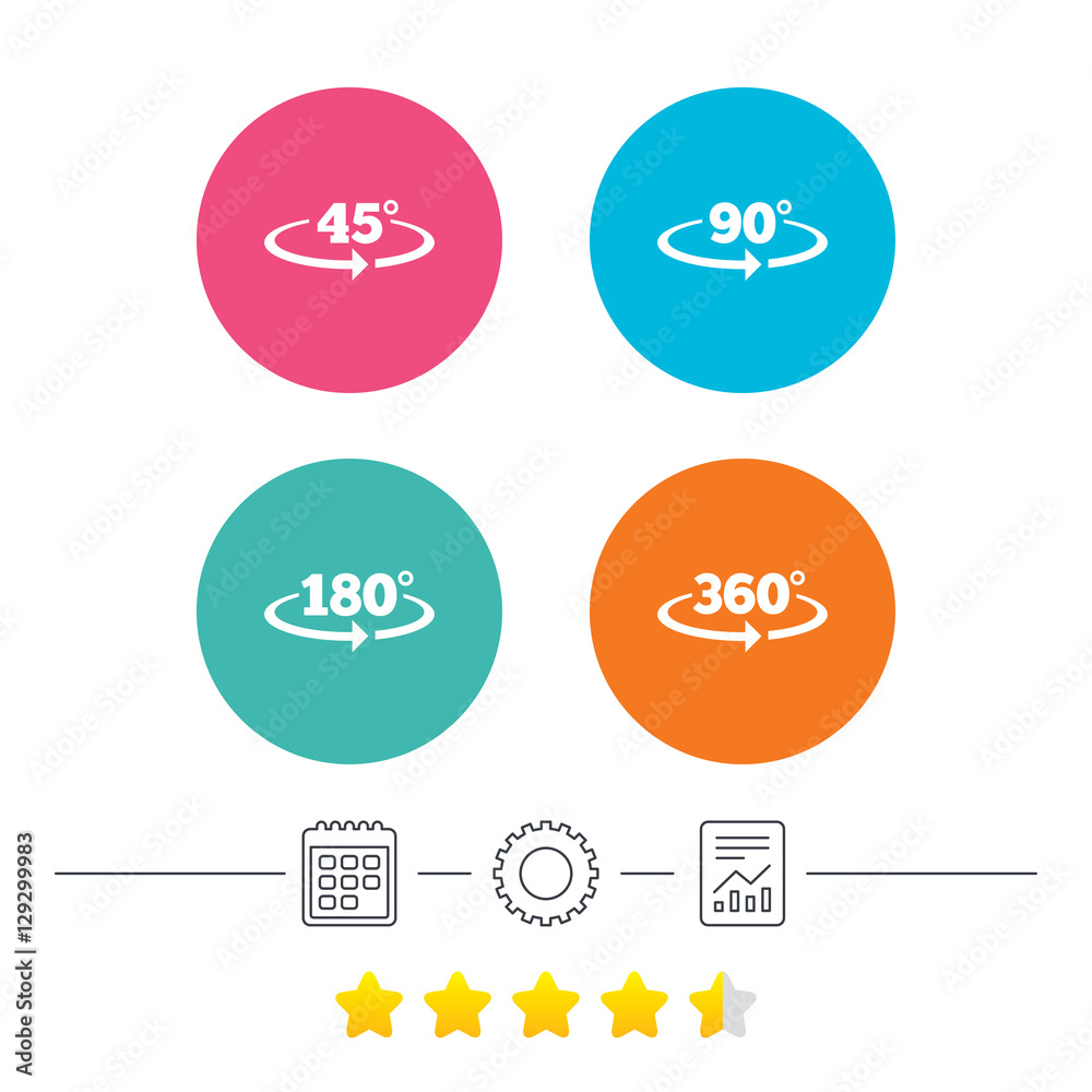 Angle 45-360 degrees icons. Geometry math signs symbols. Full complete rotation arrow. Calendar, cogwheel and report linear icons. Star vote ranking. Vector
