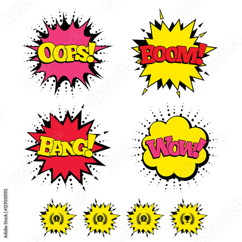 Comic Boom, Wow, Oops sound effects. Laurel wreath award icons. Prize cup for winner signs. First, second and third place medals symbols. Speech bubbles in pop art. Vector