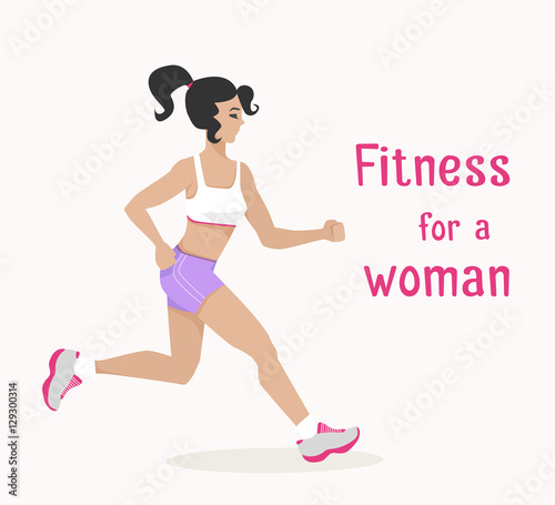 Vector girl goes jogging, woman makes cardio exercise
