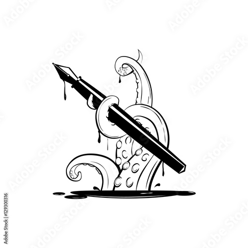 Giant  kraken with ink pen, silhouette octopus for logo and t-shirt print or seafood mascot label, simple, commercial, black vector illustration