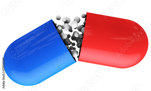 3d rendering of vitamin pill with granules over white background photo