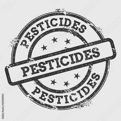Pesticides rubber stamp isolated on white background. Grunge round seal with text, ink texture and splatter and blots, vector illustration.