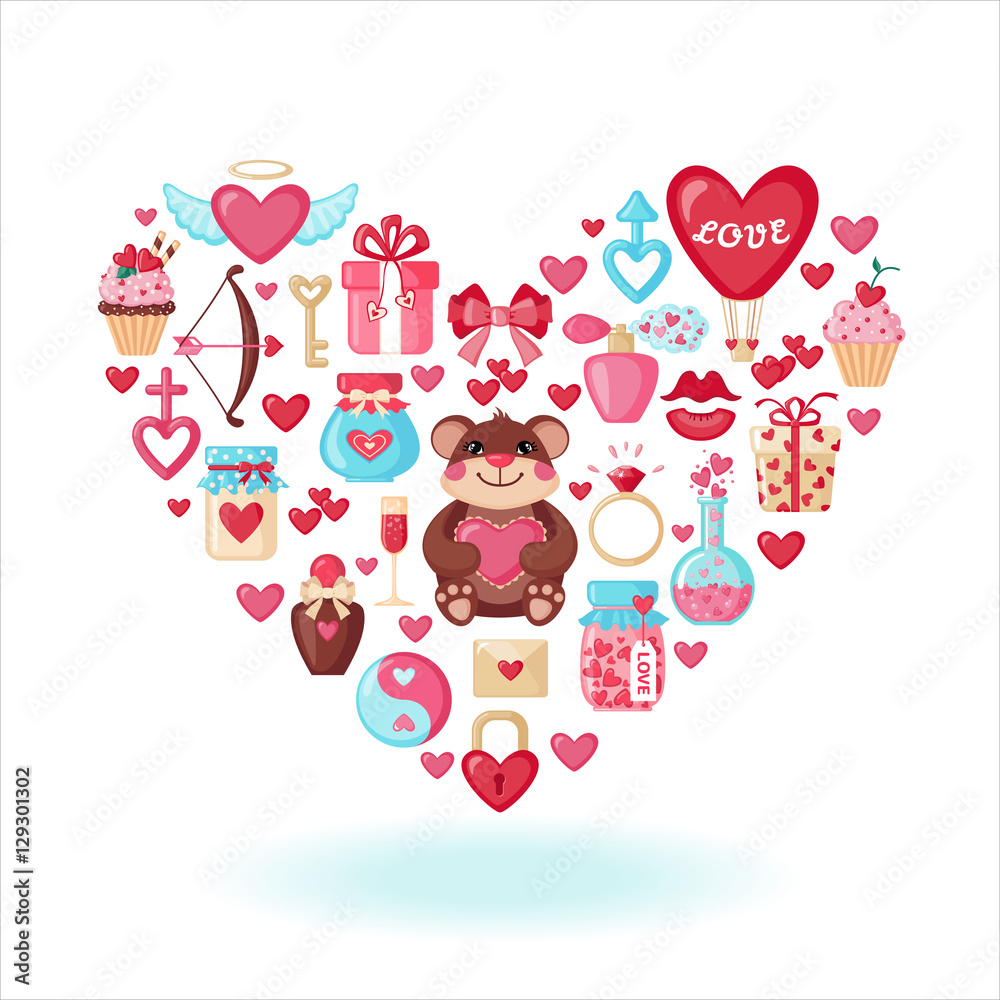 Valentines Day icons in heart shape.
