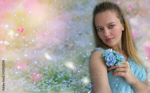 Beautiful young girl with the flowers , on the floral background