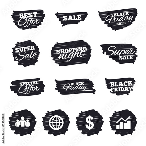 Ink brush sale stripes and banners. Business icons. Graph chart and globe signs. Dollar currency and group of people symbols. Black friday. Ink stroke. Vector