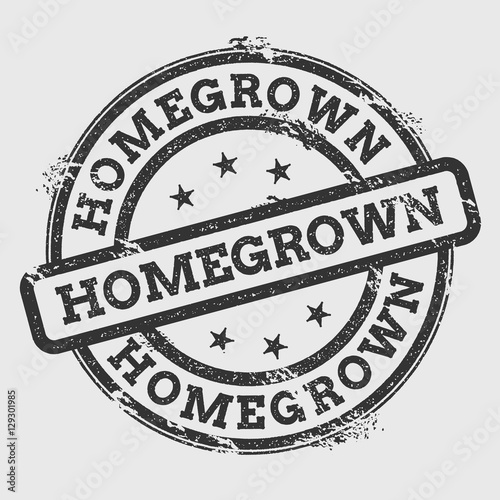 Homegrown rubber stamp isolated on white background. Grunge round seal with text, ink texture and splatter and blots, vector illustration.