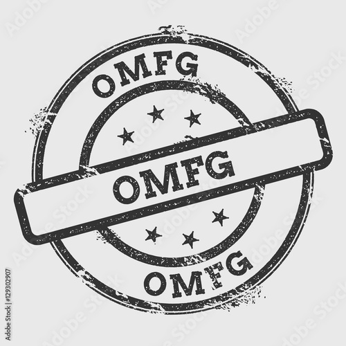 Omfg rubber stamp isolated on white background. Grunge round seal with text, ink texture and splatter and blots, vector illustration. photo