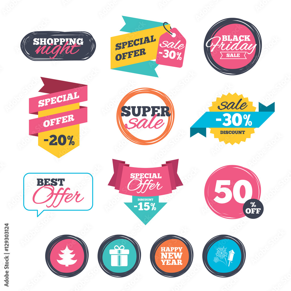 Sale stickers, online shopping. Happy new year icon. Christmas tree and gift box signs. Fireworks rocket symbol. Website badges. Black friday. Vector Sale stickers, online shopping. Happy new year icon. Christmas tree and gift box signs. Fireworks rocket symbol. Website badges. Black friday. Vector
