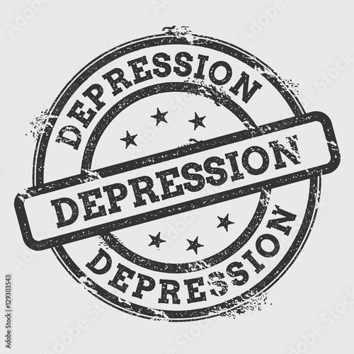 Depression rubber stamp isolated on white background. Grunge round seal with text, ink texture and splatter and blots, vector illustration.