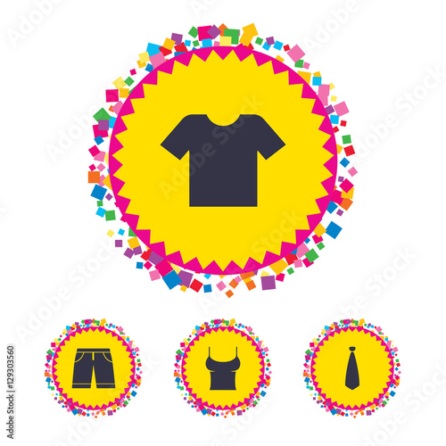 Web buttons with confetti pieces. Clothes icons. T-shirt and bermuda shorts signs. Business tie symbol. Bright stylish design. Vector