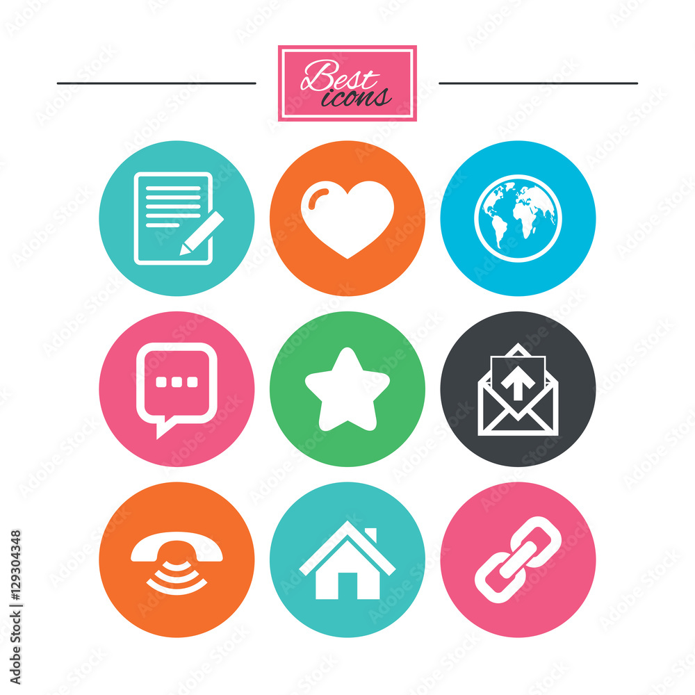 Mail, contact icons. Favorite, like and internet signs. E-mail, chat message and phone call symbols. Colorful flat buttons with icons. Vector Mail, contact icons. Favorite, like and internet signs. E-mail, chat message and phone call symbols. Colorful flat buttons with icons. Vector