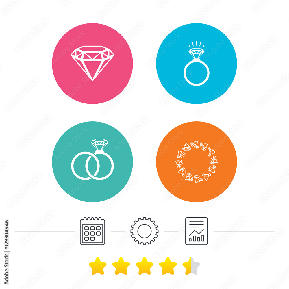 Rings icons. Jewelry with shine diamond signs. Wedding or engagement symbols. Calendar, cogwheel and report linear icons. Star vote ranking. Vector