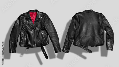 Classic black leather bikers' jacket with silk red lining shot from the front and the back isolated on white photo