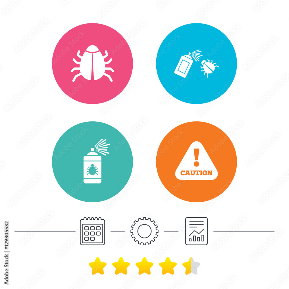 Bug disinfection icons. Caution attention symbol. Insect fumigation spray sign. Calendar, cogwheel and report linear icons. Star vote ranking. Vector