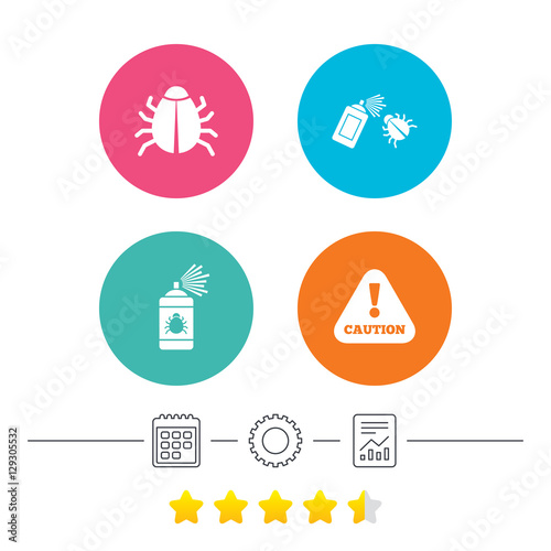 Bug disinfection icons. Caution attention symbol. Insect fumigation spray sign. Calendar, cogwheel and report linear icons. Star vote ranking. Vector