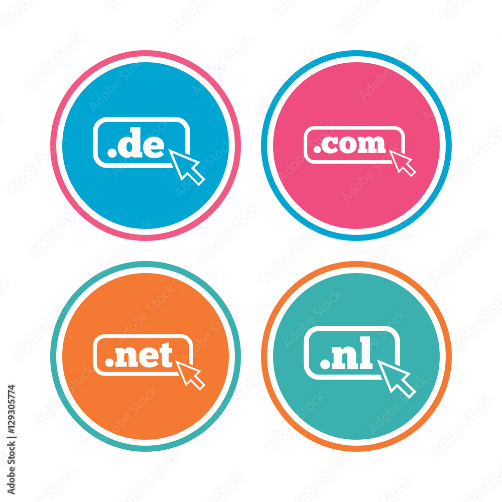 Top-level internet domain icons. De, Com, Net and Nl symbols with cursor pointer. Unique national DNS names. Colored circle buttons. Vector Top-level internet domain icons. De, Com, Net and Nl symbols with cursor pointer. Unique national DNS names. Colored circle buttons. Vector